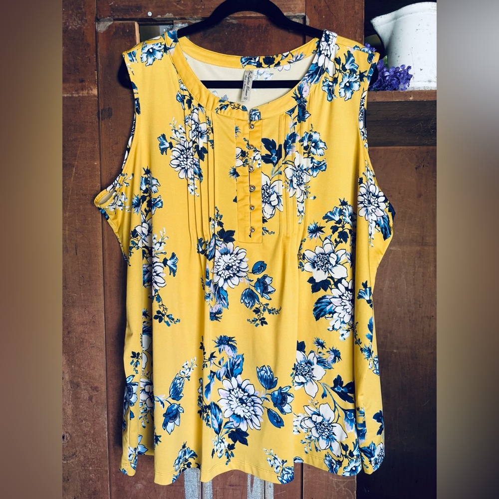 Perseption Women Yellow Blue China Print Sleeveless W Gold buttons 3x EXCELLENT!